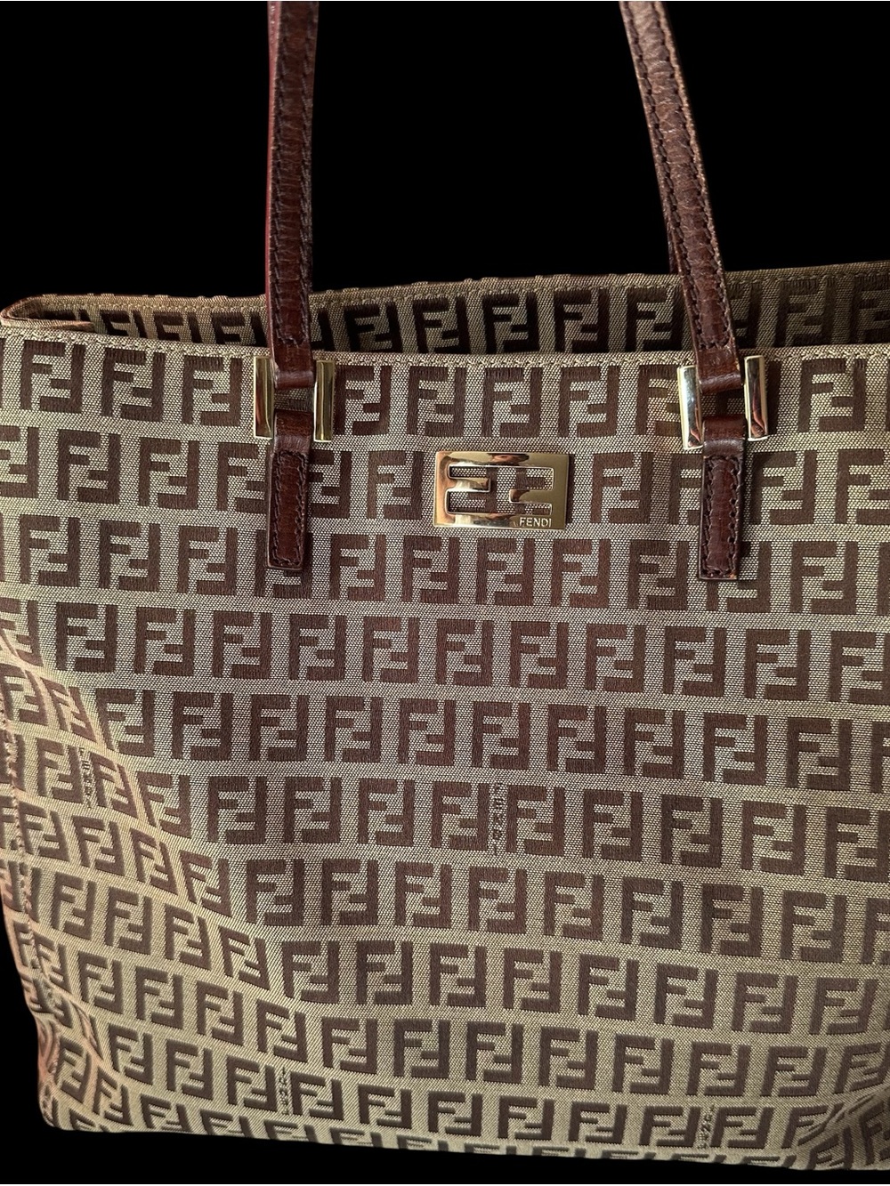 FENDI Zucca Tote Bag Vintage Brown Canvas Shoulder Bag Gold FF Hardware - Picture 2 of 11